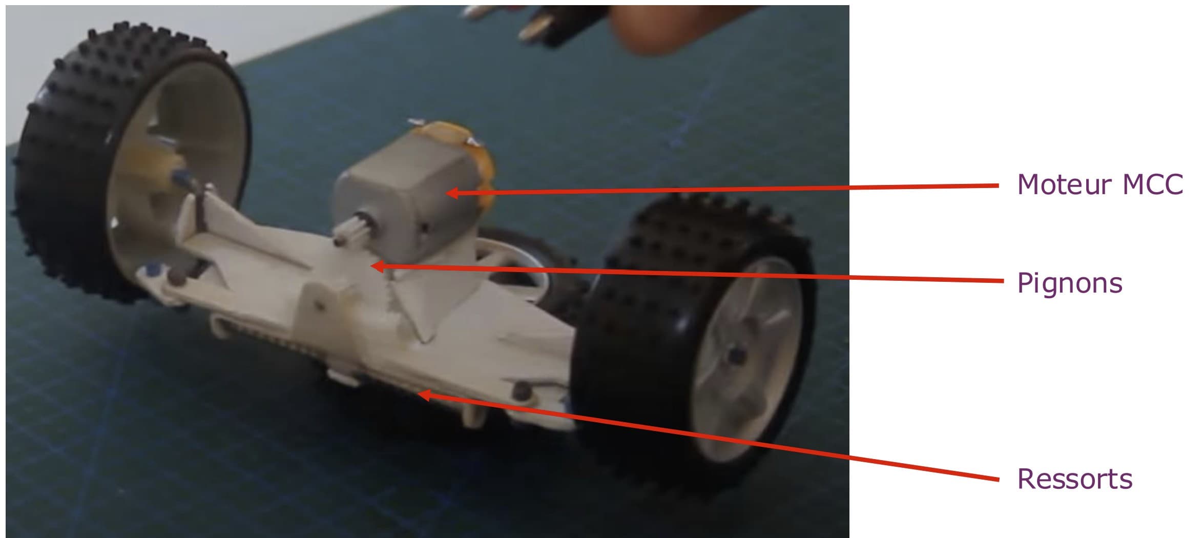 Drivetrain — DC motor, gear train, and spring suspension on the second iteration