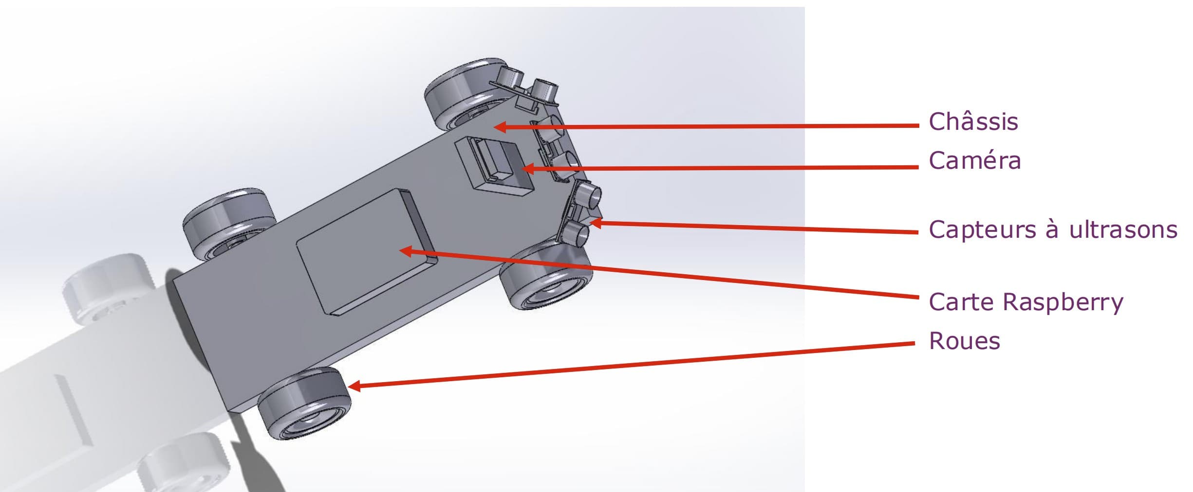 3D CAD model (SolidWorks) — chassis with camera, ultrasonic sensors, and Raspberry Pi