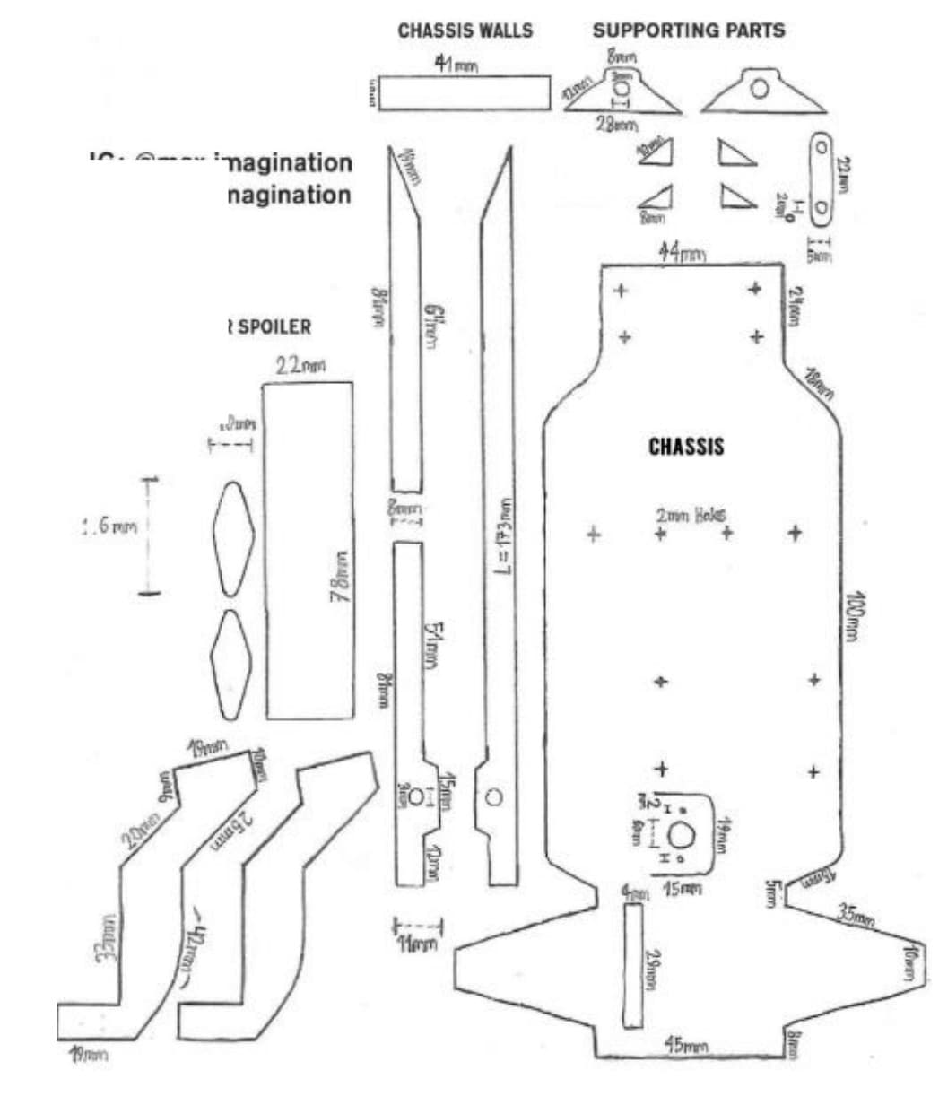 Laser-cut chassis plans — chassis walls, spoiler, and supporting parts with dimensions