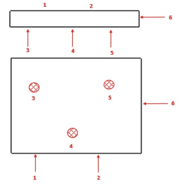 Isostatism diagram — 6-point positioning scheme. Numbered contact points (1–6) define the datum reference frame for both phases.