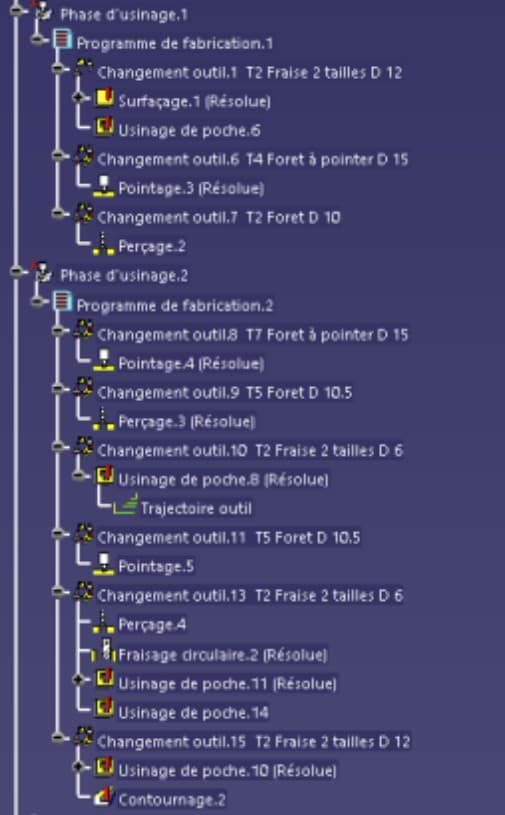 FAO program tree — Phase 1 and Phase 2. Tool changes, surface operations, pocket milling, circular interpolation, and drilling all sequenced.