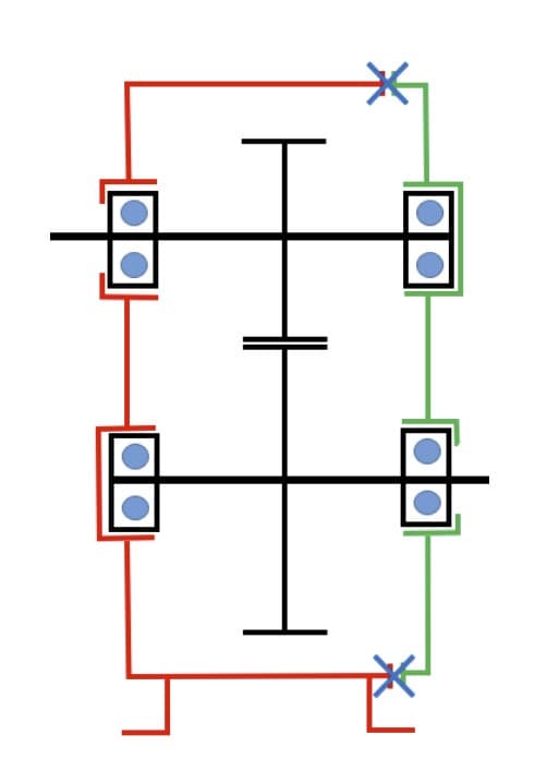 Bearing arrangement — two-shaft system with fixed/floating bearing configuration and axial load distribution