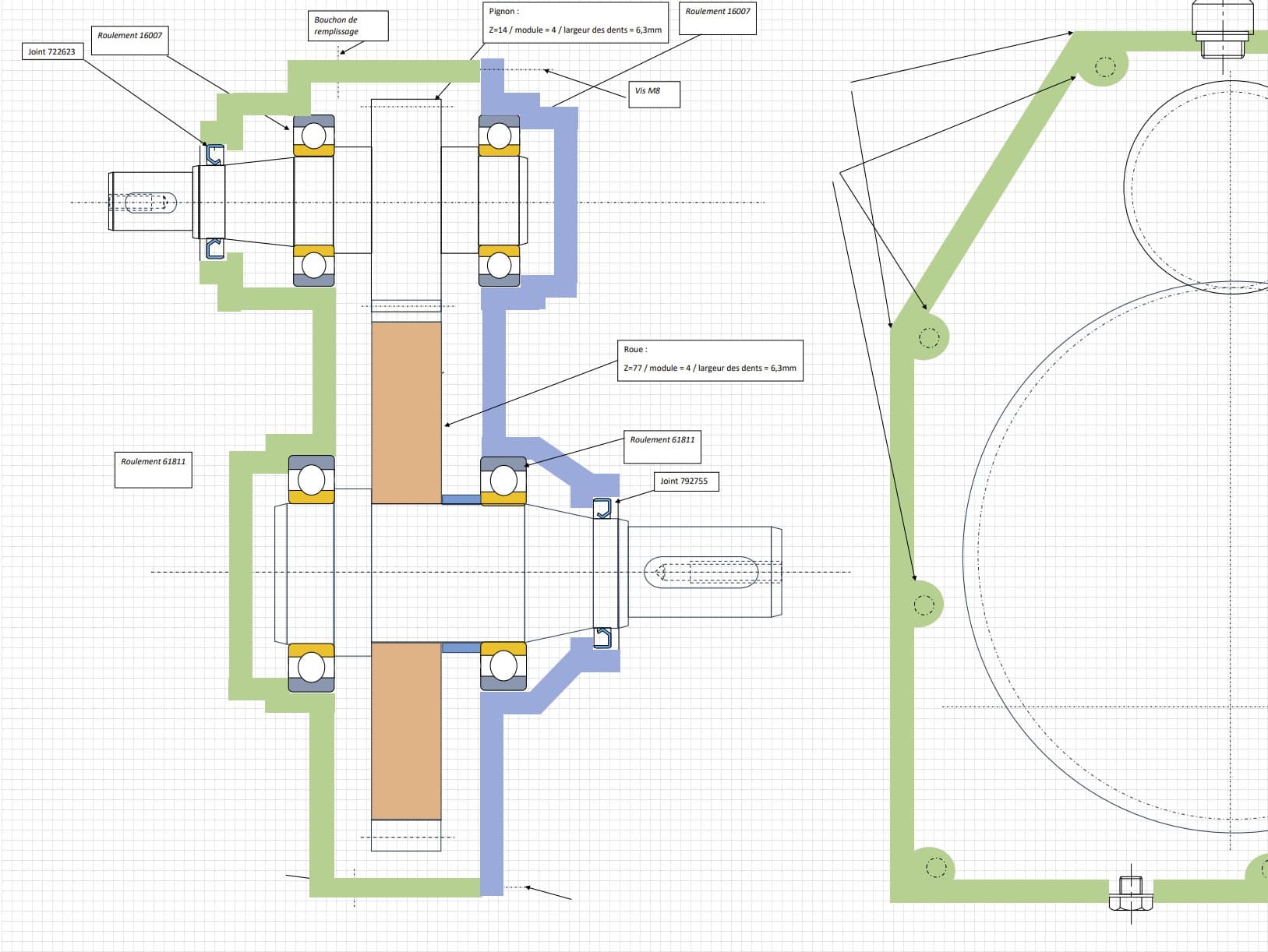 Final gearbox assembly — dimensioned drawing with shaft, bearings, housing interfaces, and lubrication provisions