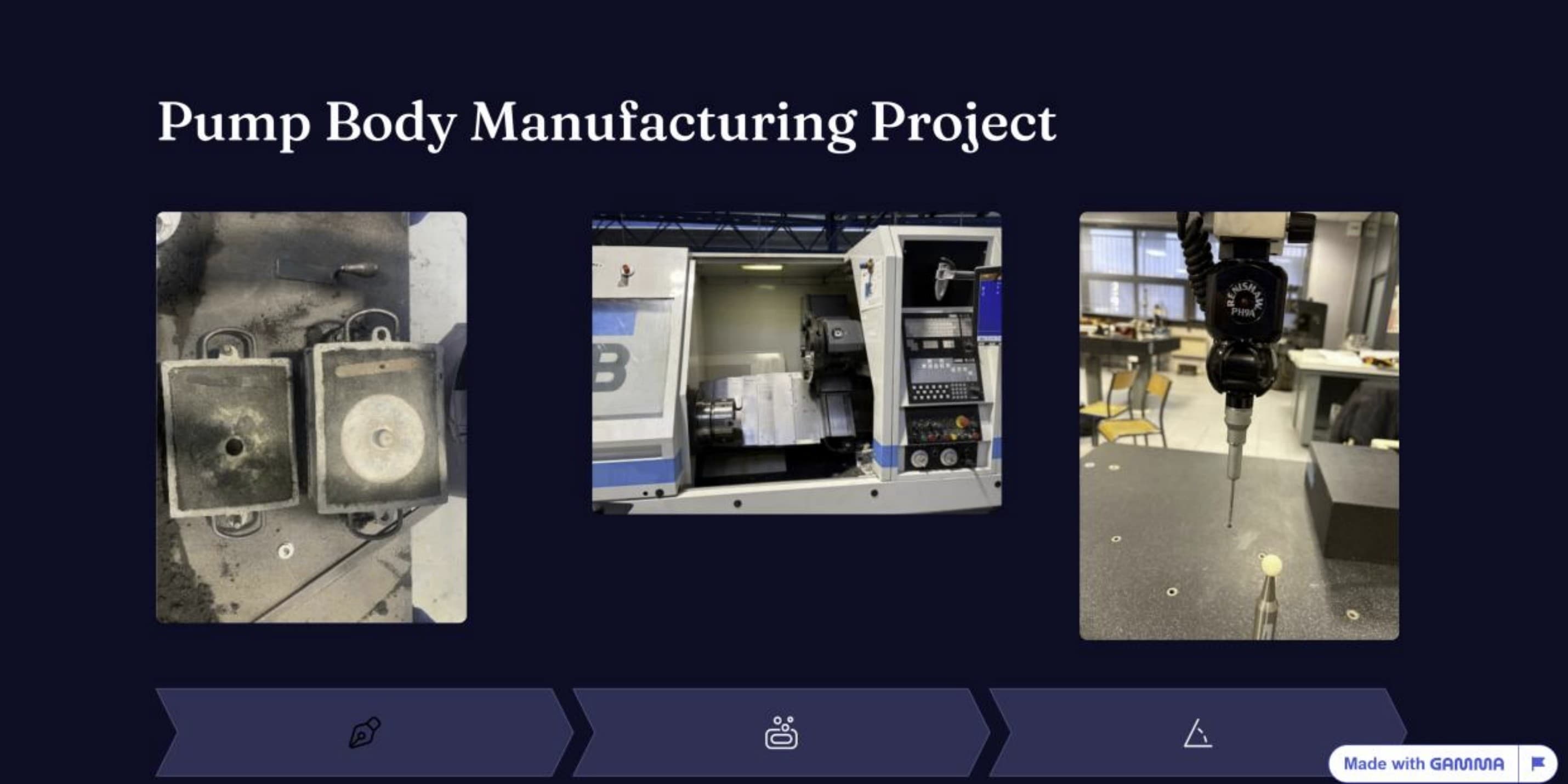 Sand-cast pump bodies alongside the Mazak CNC lathe and robotic metrology probe