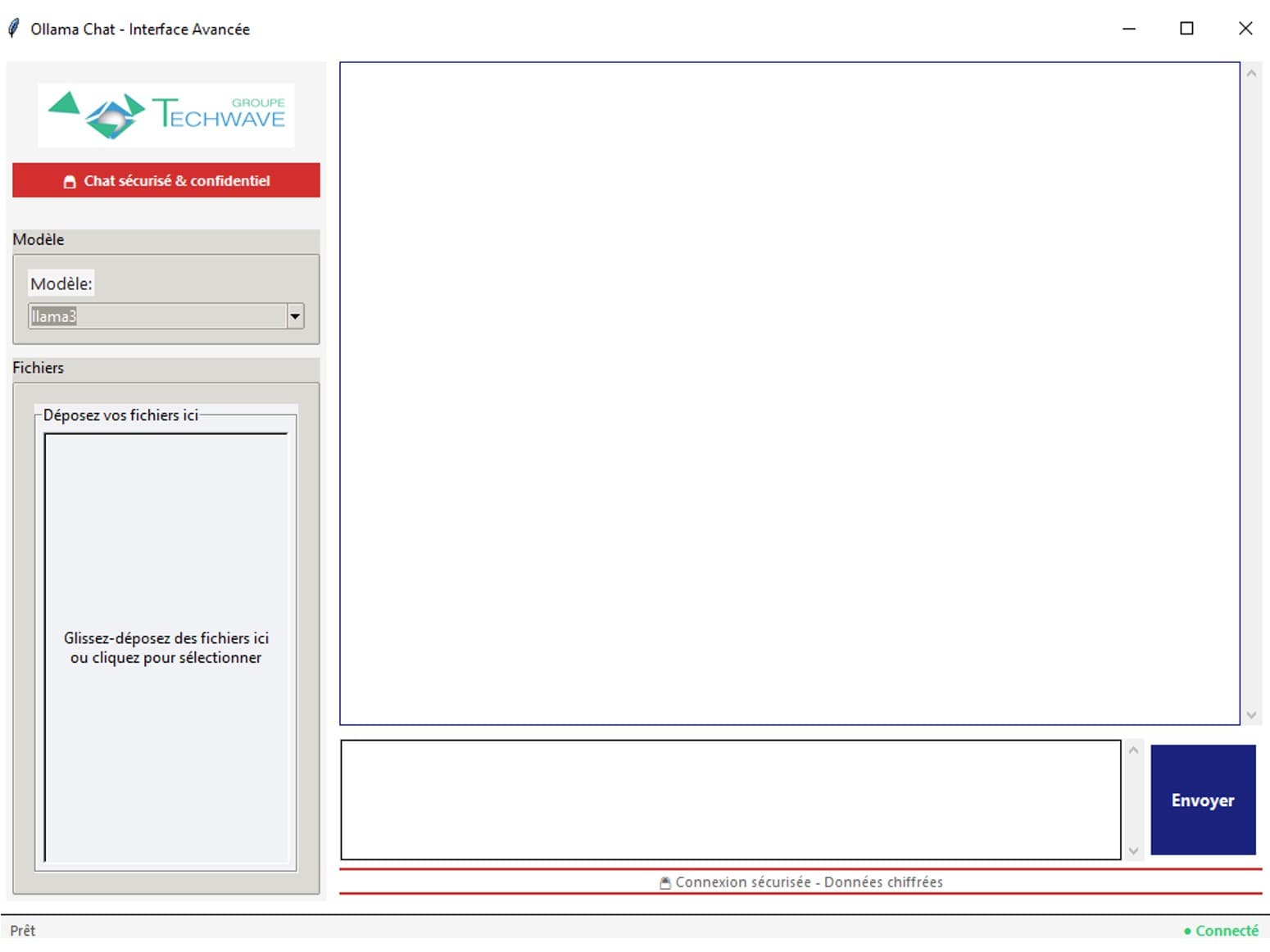 Local LLM interface — Ollama Chat with TECHWAVE branding. All inference runs on-premise: zero data leaves the network.